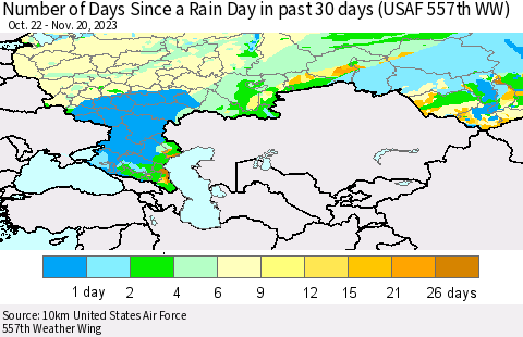 Russian Federation Number of Days Since a Rain Day in past 30 days (USAF 557th WW) Thematic Map For 11/16/2023 - 11/20/2023
