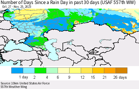 Russian Federation Number of Days Since a Rain Day in past 30 days (USAF 557th WW) Thematic Map For 11/21/2023 - 11/25/2023