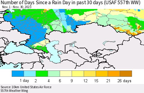 Russian Federation Number of Days Since a Rain Day in past 30 days (USAF 557th WW) Thematic Map For 11/26/2023 - 11/30/2023