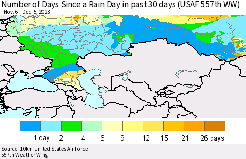 Russian Federation Number of Days Since a Rain Day in past 30 days (USAF 557th WW) Thematic Map For 12/1/2023 - 12/5/2023