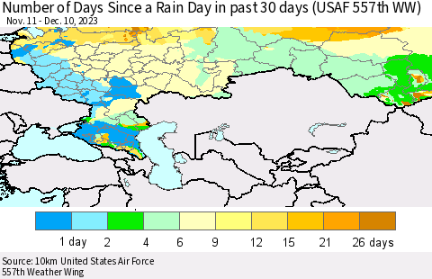 Russian Federation Number of Days Since a Rain Day in past 30 days (USAF 557th WW) Thematic Map For 12/6/2023 - 12/10/2023