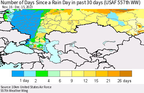 Russian Federation Number of Days Since a Rain Day in past 30 days (USAF 557th WW) Thematic Map For 12/11/2023 - 12/15/2023