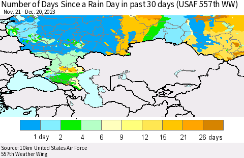 Russian Federation Number of Days Since a Rain Day in past 30 days (USAF 557th WW) Thematic Map For 12/16/2023 - 12/20/2023