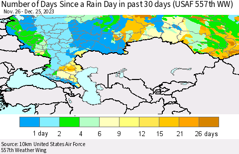 Russian Federation Number of Days Since a Rain Day in past 30 days (USAF 557th WW) Thematic Map For 12/21/2023 - 12/25/2023