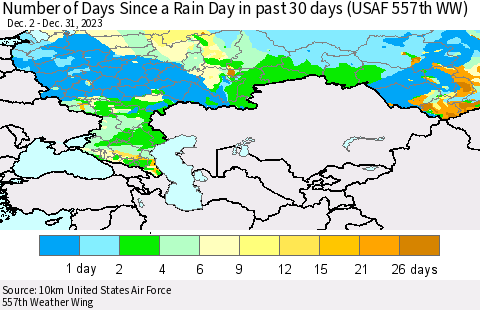 Russian Federation Number of Days Since a Rain Day in past 30 days (USAF 557th WW) Thematic Map For 12/26/2023 - 12/31/2023