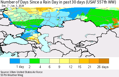 Russian Federation Number of Days Since a Rain Day in past 30 days (USAF 557th WW) Thematic Map For 1/1/2024 - 1/5/2024