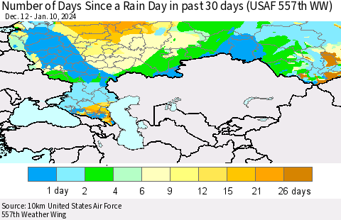 Russian Federation Number of Days Since a Rain Day in past 30 days (USAF 557th WW) Thematic Map For 1/6/2024 - 1/10/2024
