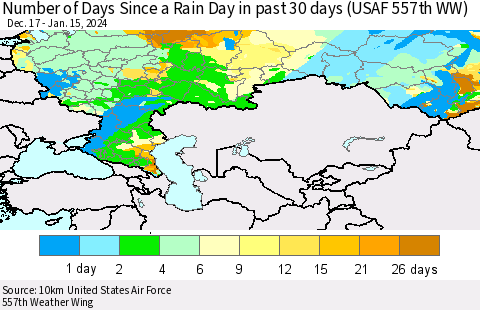 Russian Federation Number of Days Since a Rain Day in past 30 days (USAF 557th WW) Thematic Map For 1/11/2024 - 1/15/2024