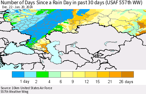 Russian Federation Number of Days Since a Rain Day in past 30 days (USAF 557th WW) Thematic Map For 1/16/2024 - 1/20/2024