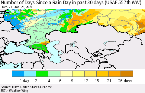 Russian Federation Number of Days Since a Rain Day in past 30 days (USAF 557th WW) Thematic Map For 1/21/2024 - 1/25/2024