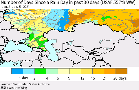 Russian Federation Number of Days Since a Rain Day in past 30 days (USAF 557th WW) Thematic Map For 1/26/2024 - 1/31/2024