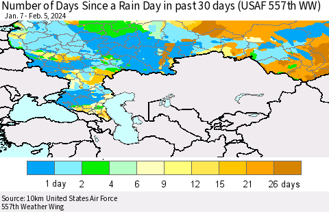 Russian Federation Number of Days Since a Rain Day in past 30 days (USAF 557th WW) Thematic Map For 2/1/2024 - 2/5/2024