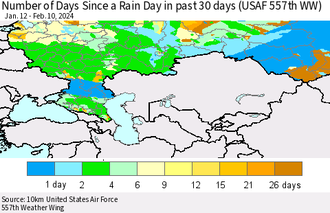 Russian Federation Number of Days Since a Rain Day in past 30 days (USAF 557th WW) Thematic Map For 2/6/2024 - 2/10/2024
