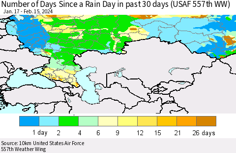 Russian Federation Number of Days Since a Rain Day in past 30 days (USAF 557th WW) Thematic Map For 2/11/2024 - 2/15/2024