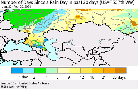 Russian Federation Number of Days Since a Rain Day in past 30 days (USAF 557th WW) Thematic Map For 2/16/2024 - 2/20/2024