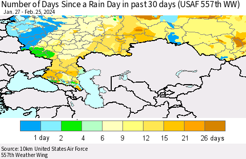 Russian Federation Number of Days Since a Rain Day in past 30 days (USAF 557th WW) Thematic Map For 2/21/2024 - 2/25/2024