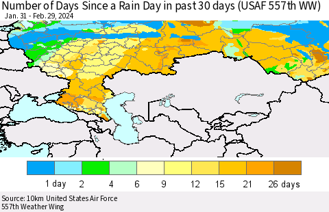 Russian Federation Number of Days Since a Rain Day in past 30 days (USAF 557th WW) Thematic Map For 2/26/2024 - 2/29/2024