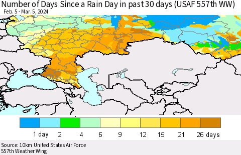 Russian Federation Number of Days Since a Rain Day in past 30 days (USAF 557th WW) Thematic Map For 3/1/2024 - 3/5/2024