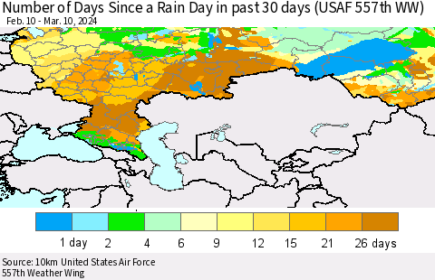 Russian Federation Number of Days Since a Rain Day in past 30 days (USAF 557th WW) Thematic Map For 3/6/2024 - 3/10/2024