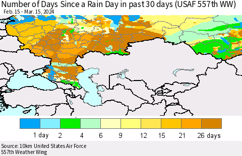 Russian Federation Number of Days Since a Rain Day in past 30 days (USAF 557th WW) Thematic Map For 3/11/2024 - 3/15/2024