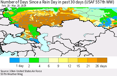 Russian Federation Number of Days Since a Rain Day in past 30 days (USAF 557th WW) Thematic Map For 3/16/2024 - 3/20/2024