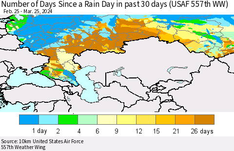 Russian Federation Number of Days Since a Rain Day in past 30 days (USAF 557th WW) Thematic Map For 3/21/2024 - 3/25/2024