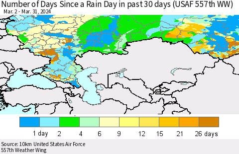 Russian Federation Number of Days Since a Rain Day in past 30 days (USAF 557th WW) Thematic Map For 3/26/2024 - 3/31/2024