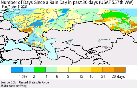Russian Federation Number of Days Since a Rain Day in past 30 days (USAF 557th WW) Thematic Map For 4/1/2024 - 4/5/2024