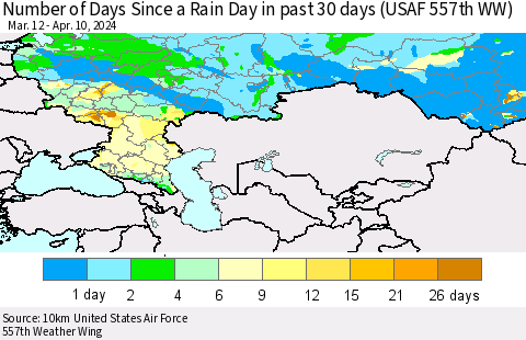 Russian Federation Number of Days Since a Rain Day in past 30 days (USAF 557th WW) Thematic Map For 4/6/2024 - 4/10/2024