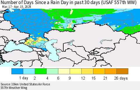 Russian Federation Number of Days Since a Rain Day in past 30 days (USAF 557th WW) Thematic Map For 4/11/2024 - 4/15/2024