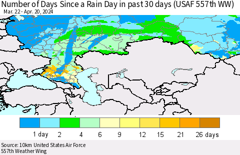 Russian Federation Number of Days Since a Rain Day in past 30 days (USAF 557th WW) Thematic Map For 4/16/2024 - 4/20/2024