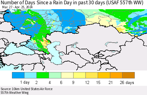 Russian Federation Number of Days Since a Rain Day in past 30 days (USAF 557th WW) Thematic Map For 4/21/2024 - 4/25/2024