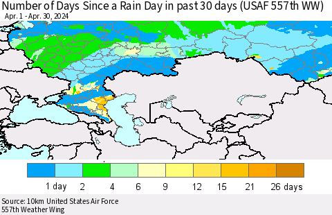 Russian Federation Number of Days Since a Rain Day in past 30 days (USAF 557th WW) Thematic Map For 4/26/2024 - 4/30/2024