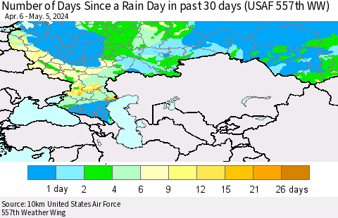 Russian Federation Number of Days Since a Rain Day in past 30 days (USAF 557th WW) Thematic Map For 5/1/2024 - 5/5/2024