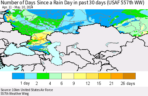 Russian Federation Number of Days Since a Rain Day in past 30 days (USAF 557th WW) Thematic Map For 5/6/2024 - 5/10/2024