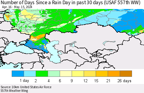 Russian Federation Number of Days Since a Rain Day in past 30 days (USAF 557th WW) Thematic Map For 5/11/2024 - 5/15/2024