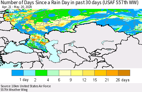 Russian Federation Number of Days Since a Rain Day in past 30 days (USAF 557th WW) Thematic Map For 5/16/2024 - 5/20/2024