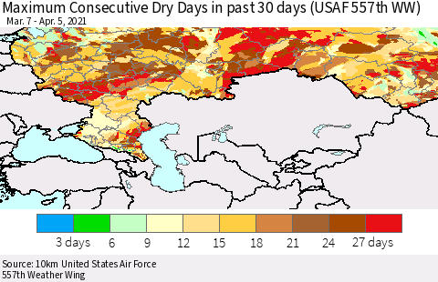 Russian Federation Maximum Consecutive Dry Days in past 30 days (USAF 557th WW) 04/05/2021 Thematic Map For 4/1/2021 - 4/5/2021