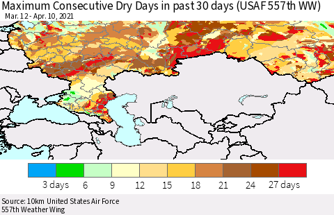 Russian Federation Maximum Consecutive Dry Days in past 30 days (USAF 557th WW) 04/10/2021 Thematic Map For 4/6/2021 - 4/10/2021