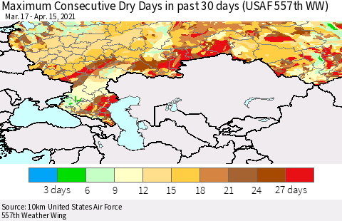 Russian Federation Maximum Consecutive Dry Days in past 30 days (USAF 557th WW) 04/15/2021 Thematic Map For 4/11/2021 - 4/15/2021