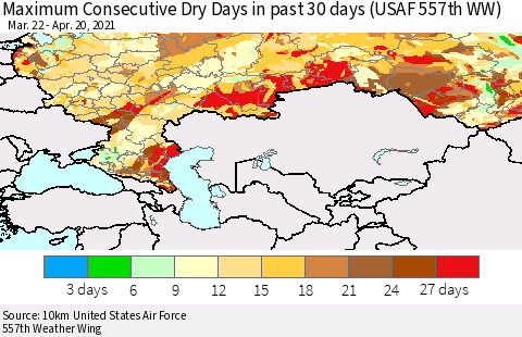 Russian Federation Maximum Consecutive Dry Days in past 30 days (USAF 557th WW) 04/20/2021 Thematic Map For 4/16/2021 - 4/20/2021