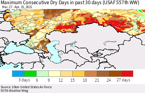 Russian Federation Maximum Consecutive Dry Days in past 30 days (USAF 557th WW) 04/25/2021 Thematic Map For 4/21/2021 - 4/25/2021