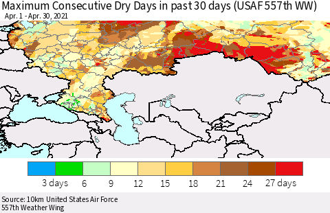 Russian Federation Maximum Consecutive Dry Days in past 30 days (USAF 557th WW) 04/30/2021 Thematic Map For 4/26/2021 - 4/30/2021
