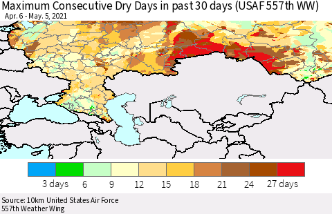 Russian Federation Maximum Consecutive Dry Days in past 30 days (USAF 557th WW) 05/05/2021 Thematic Map For 5/1/2021 - 5/5/2021