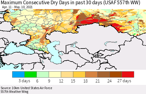 Russian Federation Maximum Consecutive Dry Days in past 30 days (USAF 557th WW) 05/10/2021 Thematic Map For 5/6/2021 - 5/10/2021