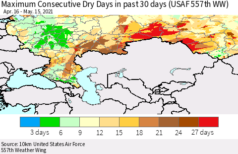 Russian Federation Maximum Consecutive Dry Days in past 30 days (USAF 557th WW) 05/15/2021 Thematic Map For 5/11/2021 - 5/15/2021