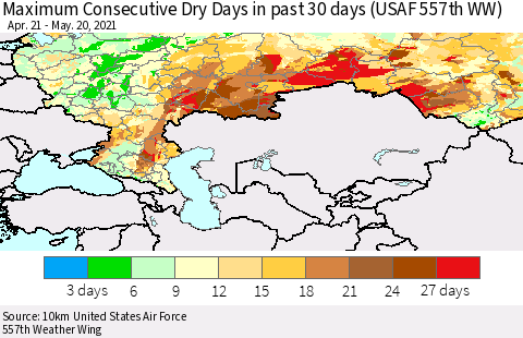 Russian Federation Maximum Consecutive Dry Days in past 30 days (USAF 557th WW) 05/20/2021 Thematic Map For 5/16/2021 - 5/20/2021