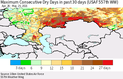 Russian Federation Maximum Consecutive Dry Days in past 30 days (USAF 557th WW) 05/25/2021 Thematic Map For 5/21/2021 - 5/25/2021