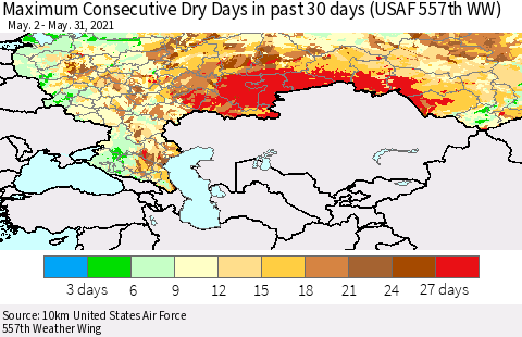 Russian Federation Maximum Consecutive Dry Days in past 30 days (USAF 557th WW) 05/31/2021 Thematic Map For 5/26/2021 - 5/31/2021