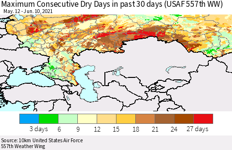Russian Federation Maximum Consecutive Dry Days in past 30 days (USAF 557th WW) 06/10/2021 Thematic Map For 6/6/2021 - 6/10/2021